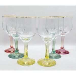 Cristalleria Fratelli Set Of 6 Iridescent Pastel Stemmed Wine Glasses Gold Rim